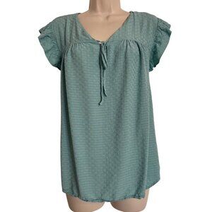 Lee Blouse Cap Ruffle Sleeve Tie Neck Size 2X Teal Green Texture Blouse Tank EUC